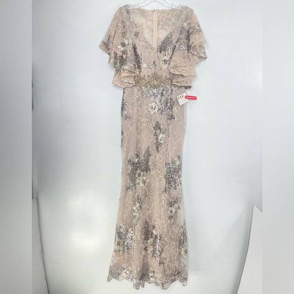 Mac Duggal 67842 Bell Sleeve Floral Embellished Formal Event Gown, Taupe Size 4 - Picture 2 of 12
